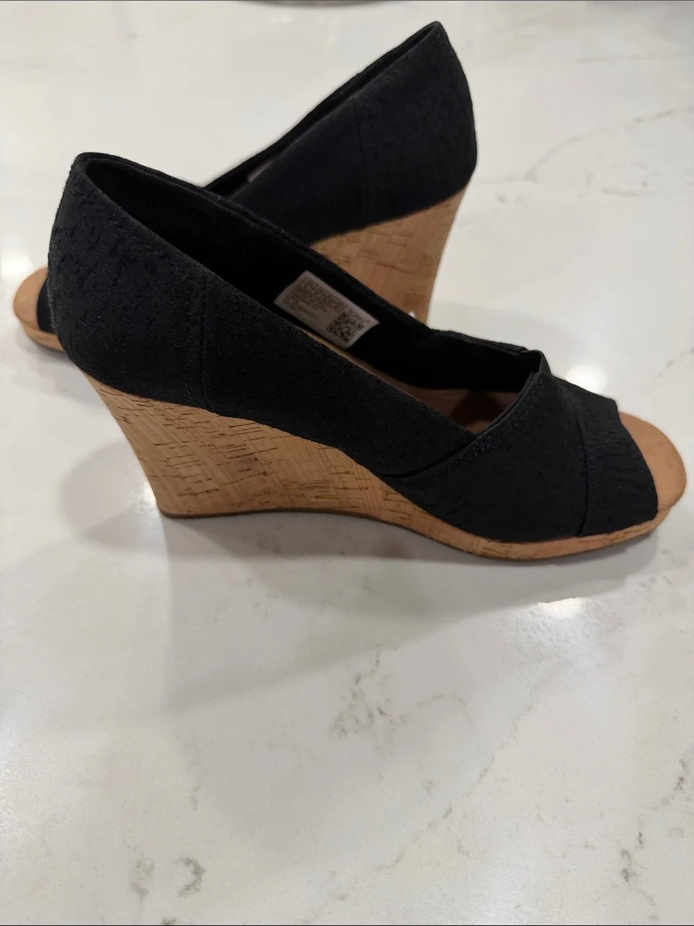 TOMS Black Open-Toe Cork-Look Wedge Heels